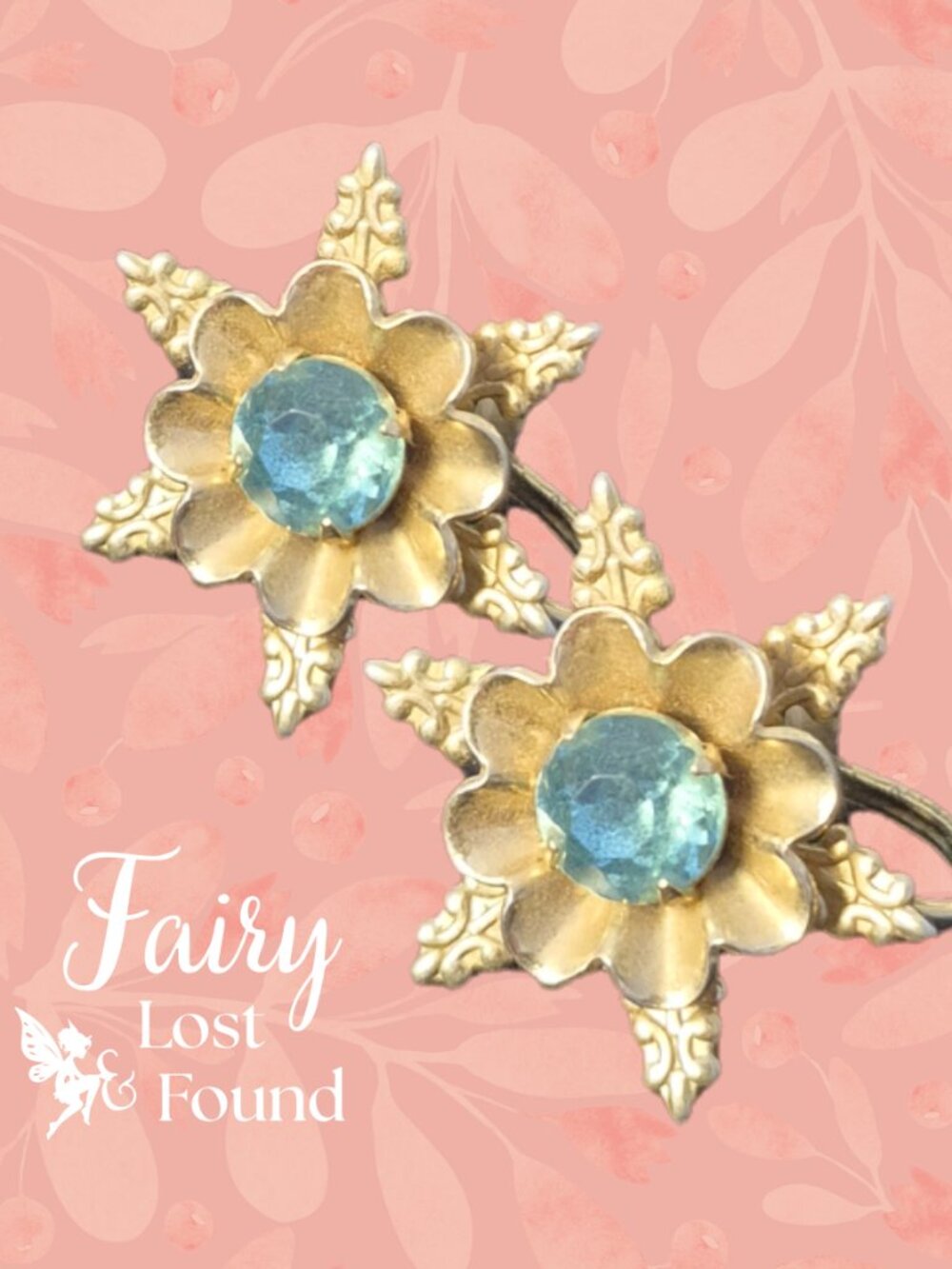Vintage Gold Plated Snowflakes Screw Back Earrings with Truquoise Stones.